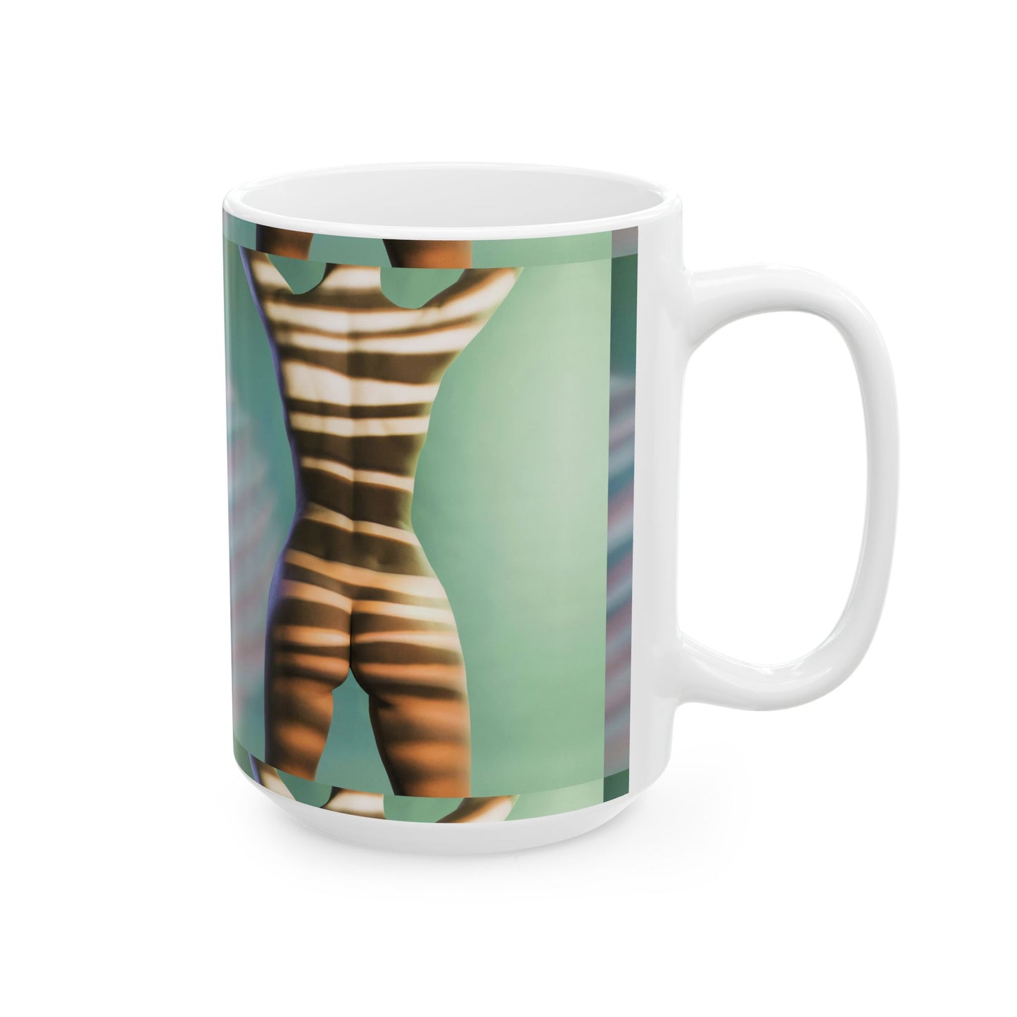 Abstract Nude Zebra Stripes Ceramic Mug — Modern Green Art Coffee Cup (11oz/15oz)