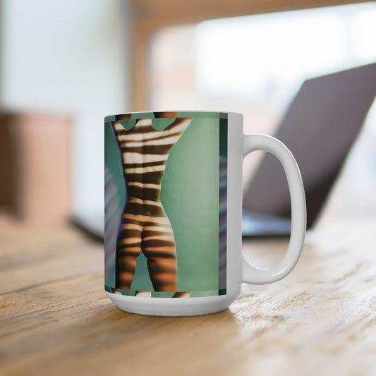 Abstract Nude Zebra Stripes Ceramic Mug — Modern Green Art Coffee Cup (11oz/15oz)