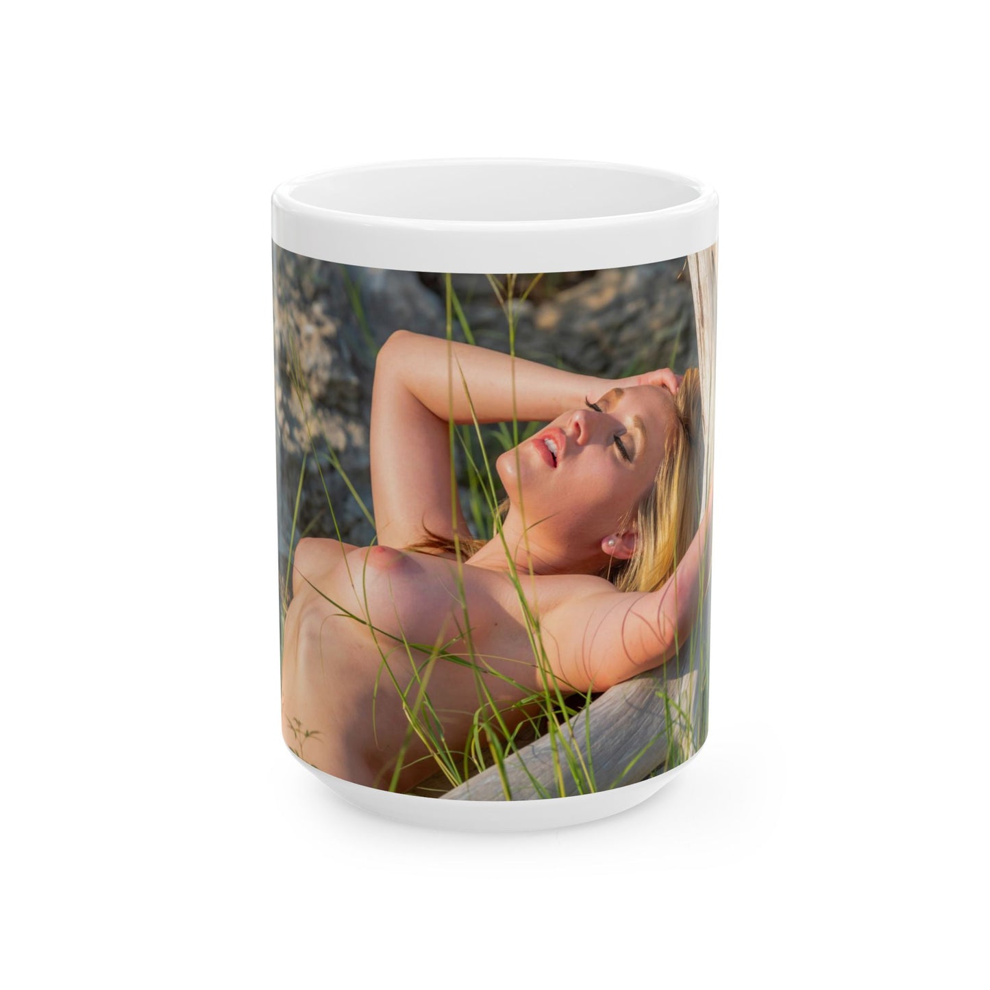 Nude Girl In Grass Coffee Mug.  Naked Girl In Grass. Nude Lady On Beach. Nude Woman On Beach.