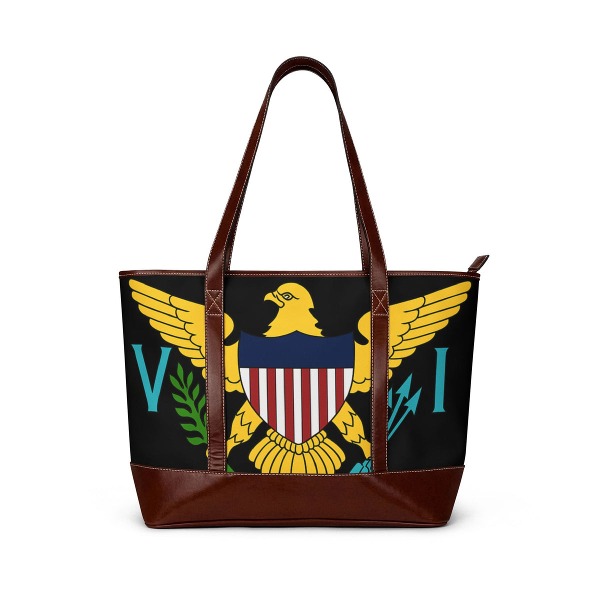 Virgin Islands Eagle Handbag | Territorial Seal Tote, Black Leather-Accent. Caribbean Heritage Purse. Virgin Islands Gifts. USVI Flag. Island Gifts. Virgin Islands Flag.