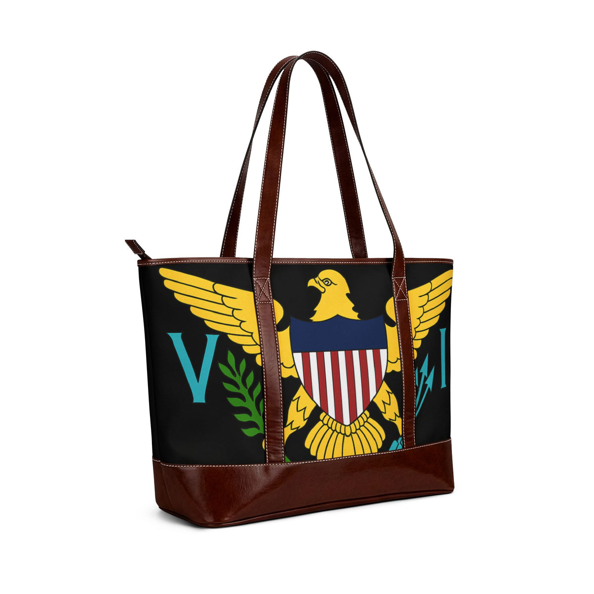 Virgin Islands Eagle Handbag | Territorial Seal Tote, Black Leather-Accent. Caribbean Heritage Purse. Virgin Islands Gifts. USVI Flag. Island Gifts. Virgin Islands Flag.