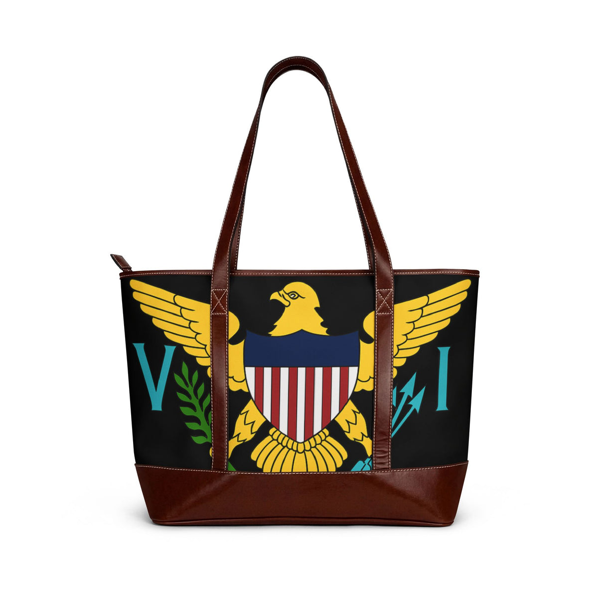 Virgin Islands Eagle Handbag | Territorial Seal Tote, Black Leather-Accent. Caribbean Heritage Purse. Virgin Islands Gifts. USVI Flag. Island Gifts. Virgin Islands Flag.