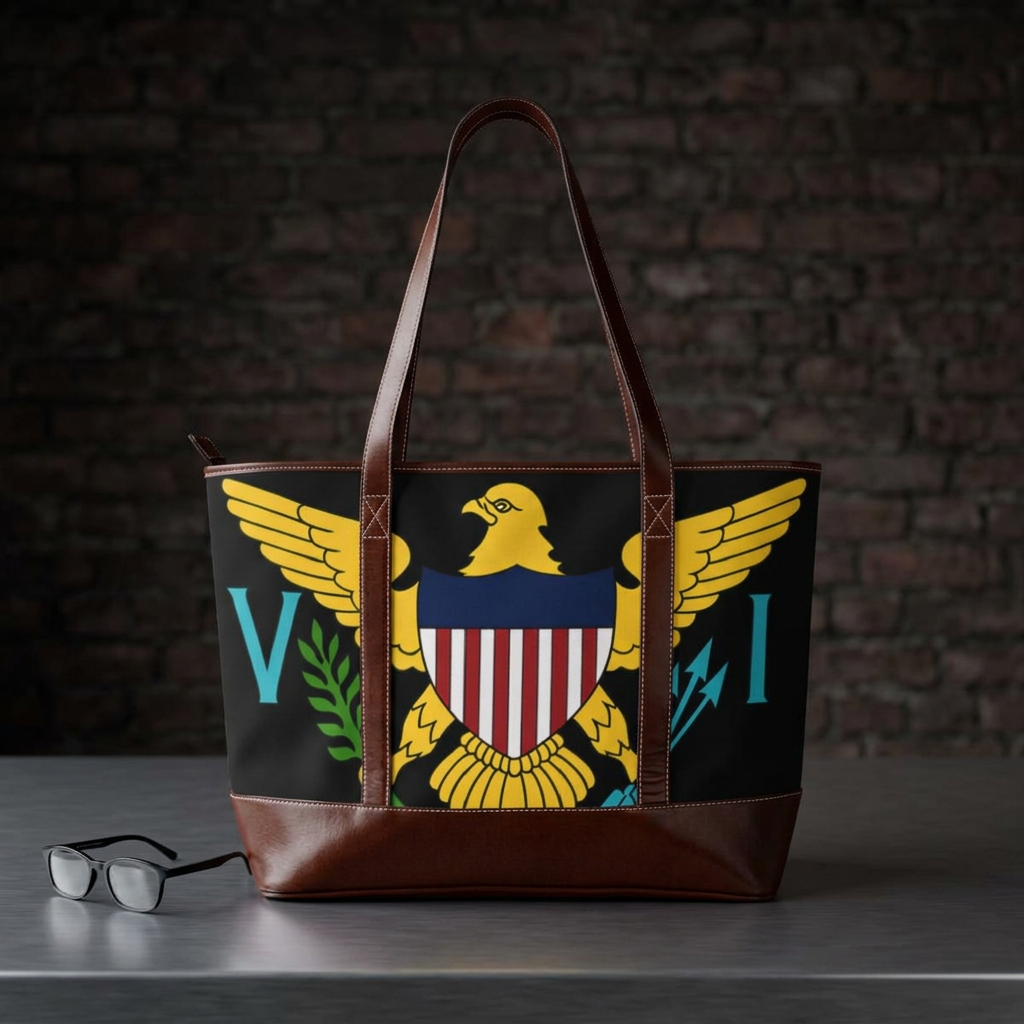 Virgin Islands Eagle Handbag | Territorial Seal Tote, Black Leather-Accent. Caribbean Heritage Purse. Virgin Islands Gifts. USVI Flag. Island Gifts. Virgin Islands Flag.