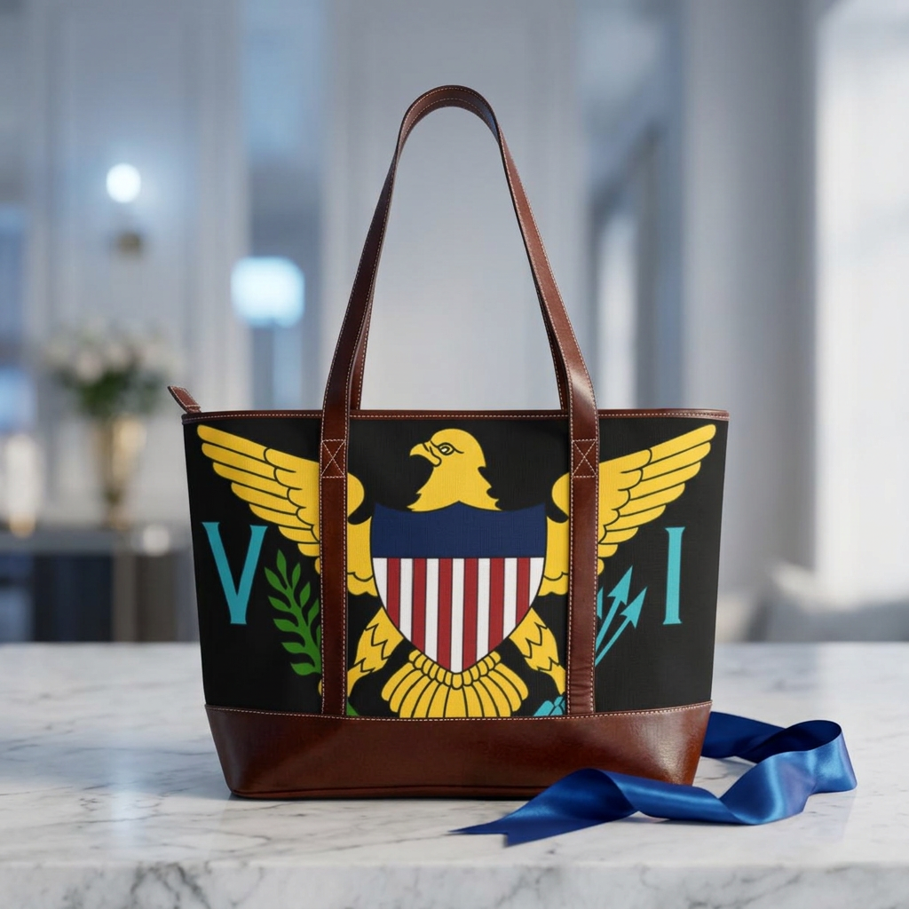 Virgin Islands Eagle Handbag | Territorial Seal Tote, Black Leather-Accent. Caribbean Heritage Purse. Virgin Islands Gifts. USVI Flag. Island Gifts. Virgin Islands Flag.
