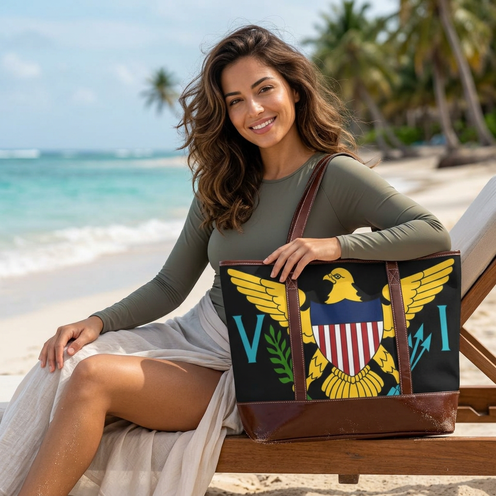 Virgin Islands Eagle Handbag | Territorial Seal Tote, Black Leather-Accent. Caribbean Heritage Purse. Virgin Islands Gifts. USVI Flag. Island Gifts. Virgin Islands Flag.