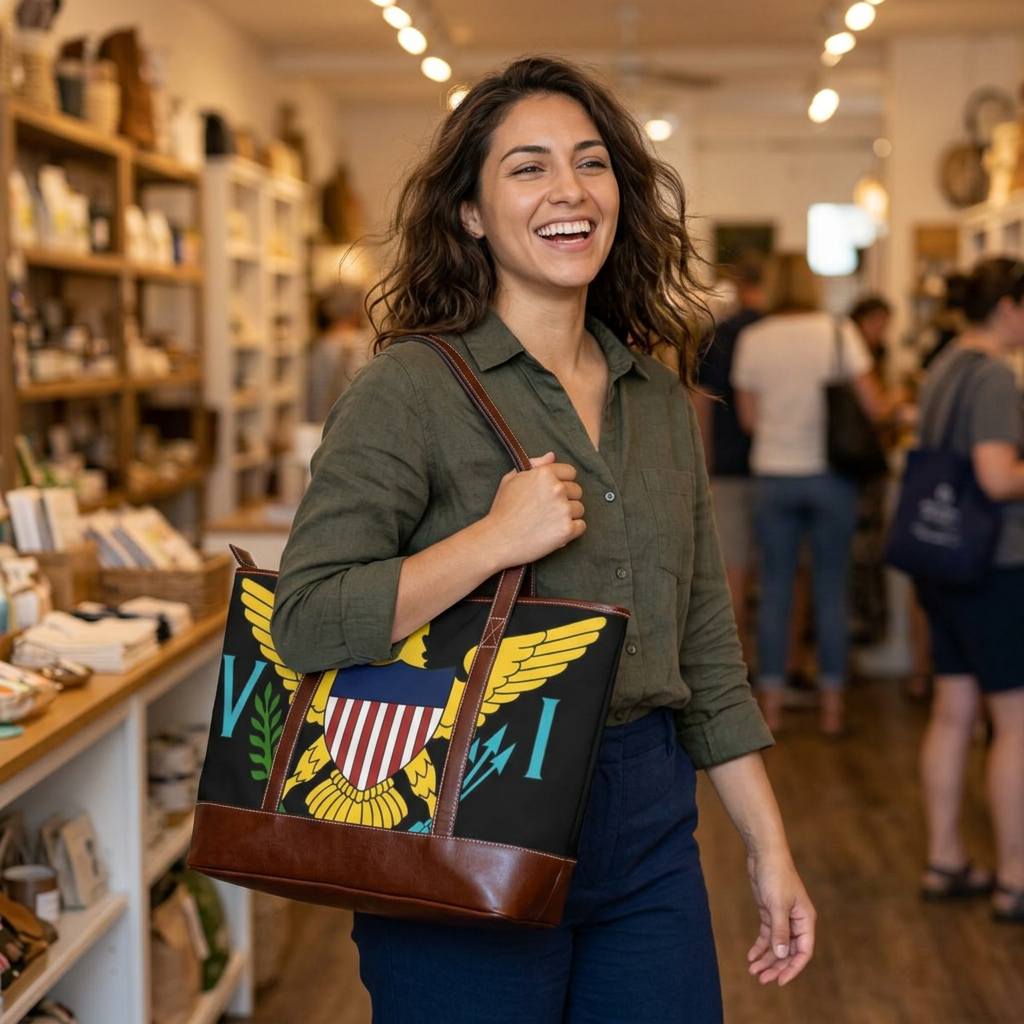 Virgin Islands Eagle Handbag | Territorial Seal Tote, Black Leather-Accent. Caribbean Heritage Purse. Virgin Islands Gifts. USVI Flag. Island Gifts. Virgin Islands Flag.