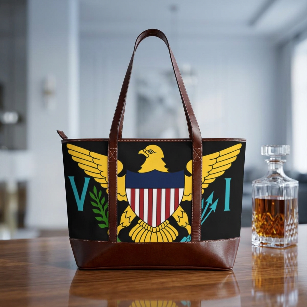 Virgin Islands Eagle Handbag | Territorial Seal Tote, Black Leather-Accent. Caribbean Heritage Purse. Virgin Islands Gifts. USVI Flag. Island Gifts. Virgin Islands Flag.