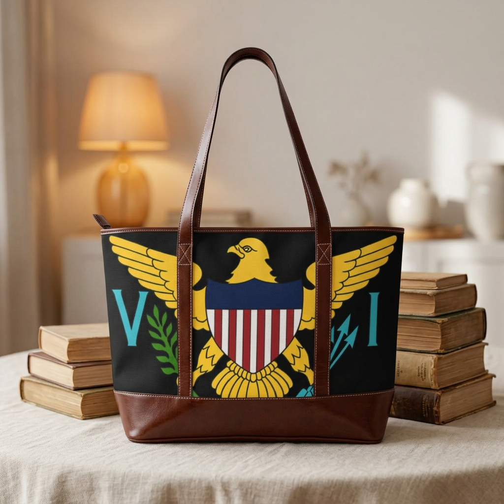 Virgin Islands Eagle Handbag | Territorial Seal Tote, Black Leather-Accent. Caribbean Heritage Purse. Virgin Islands Gifts. USVI Flag. Island Gifts. Virgin Islands Flag.