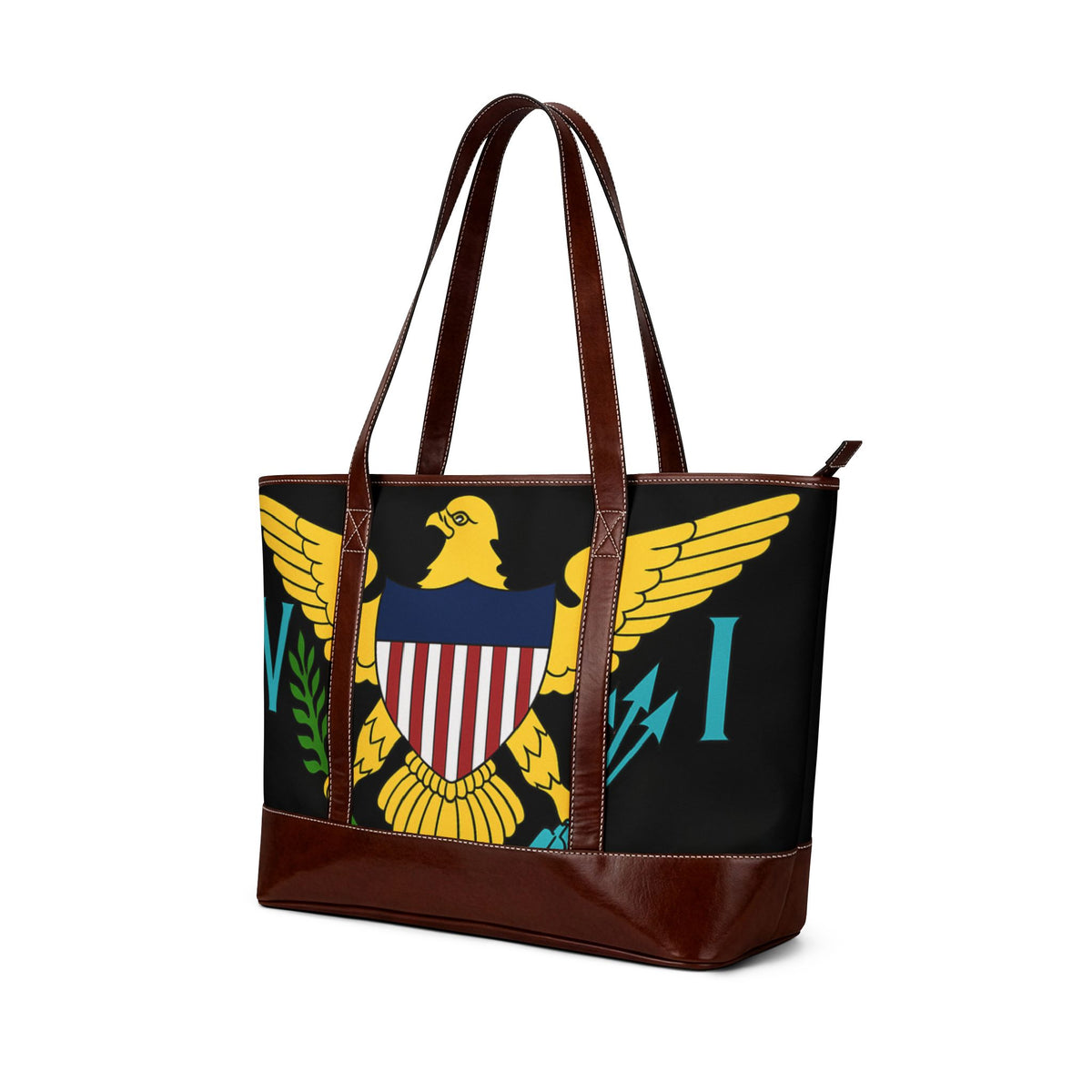 Virgin Islands Eagle Handbag | Territorial Seal Tote, Black Leather-Accent. Caribbean Heritage Purse. Virgin Islands Gifts. USVI Flag. Island Gifts. Virgin Islands Flag.
