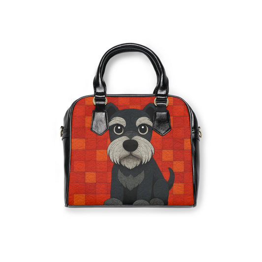 Cartoon Schnauzer Shoulder Handbag | Cute Dog Illustration, Red Checker Background